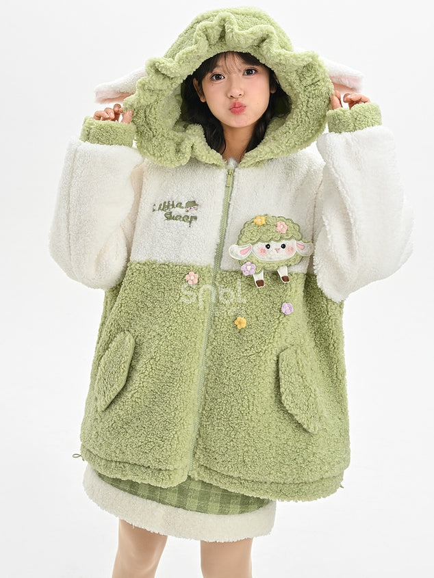 Cute Lamb Applique White and Green Colorblock Design Fleece Zip Hoodie