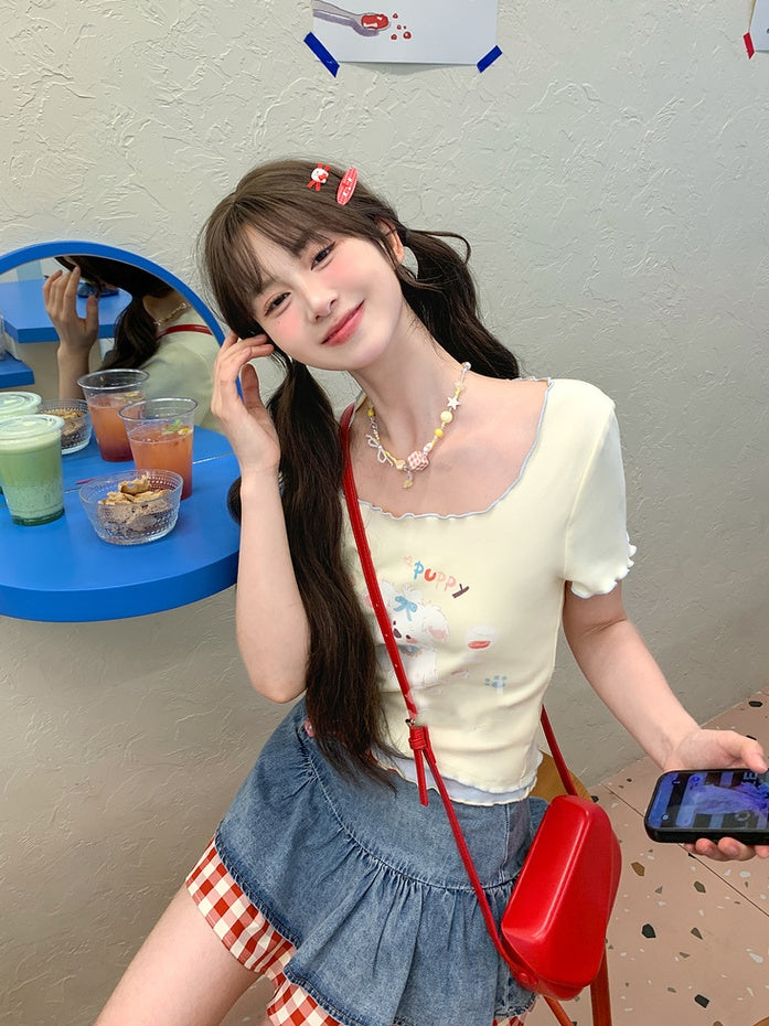T-Shirt Hem Square Neck Apricot Puppy Print Lettuce