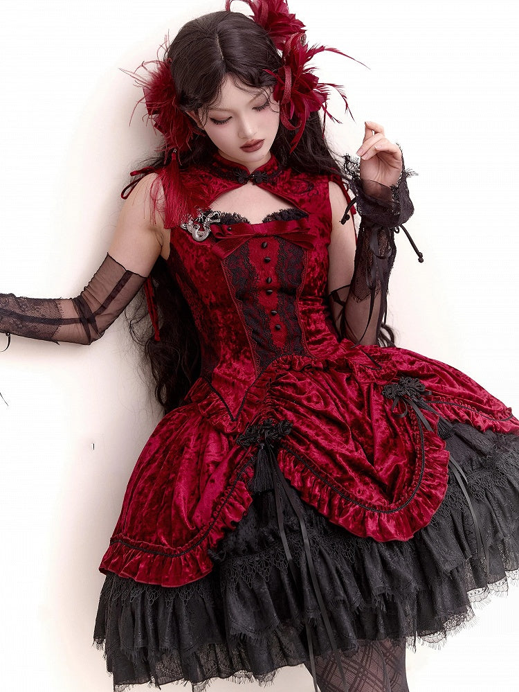 Red Gothic Lolita Velvet Tassel Knot Button Drawstring Skirt