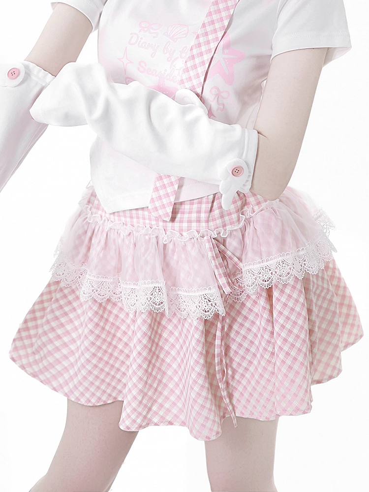 Lace Plaid Trim Skirt Pink/Baby Blue