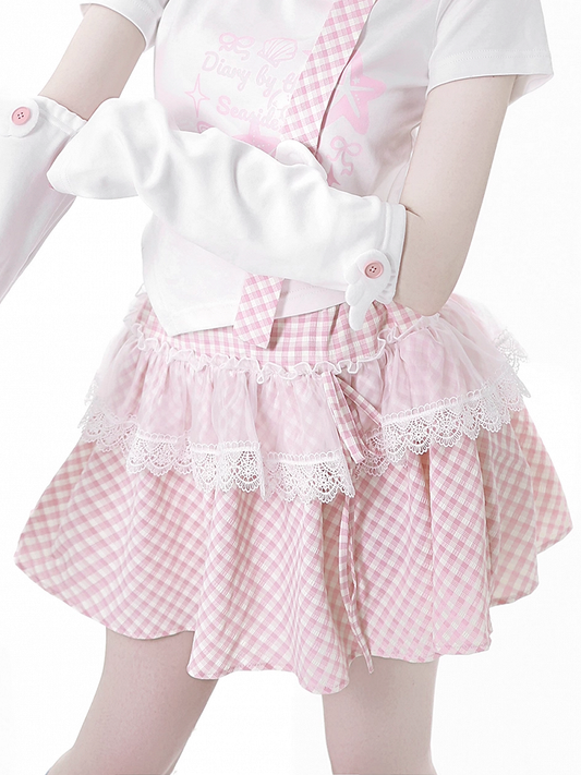 Lace Plaid Trim Skirt Pink/Baby Blue