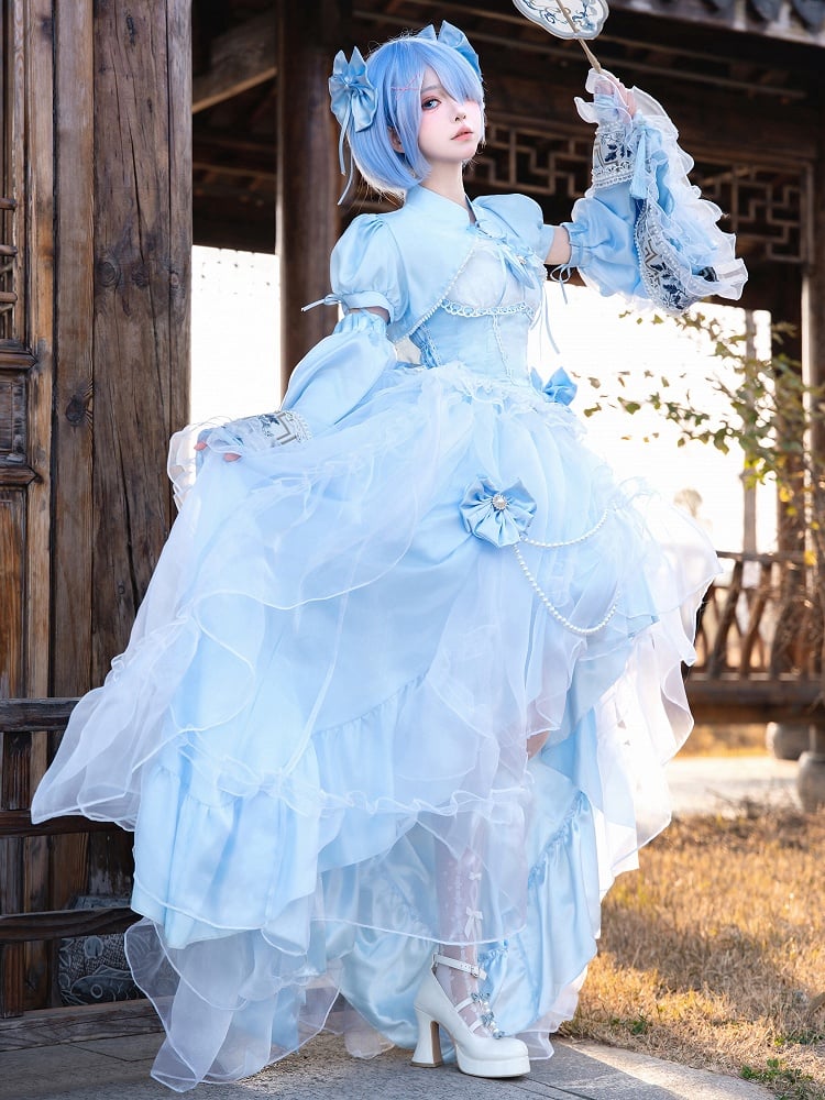 Full Lolita Top Skirt Plus Available Sizes High-low Blue Set Waist Princess Boned +