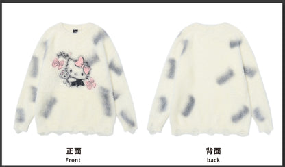 Milk White Kitty Graphic Distress Trim Loose Sweater