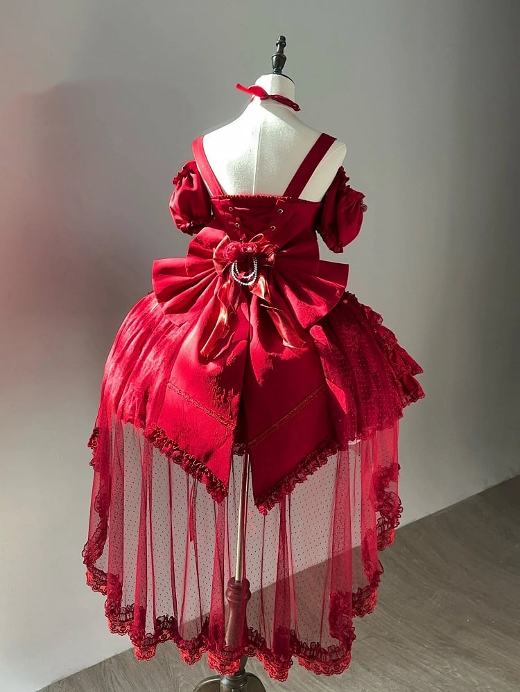 Waist Flower Basque Hem Fairy Skirt Dress Jumper Tiered Red Lolita Hanayome