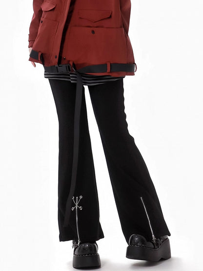 Black Criss-cross Chain Zip Cuffs Fishtail Pants