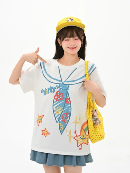 White Round Neck Sailor Collar Print Loose Cute T-Shirt
