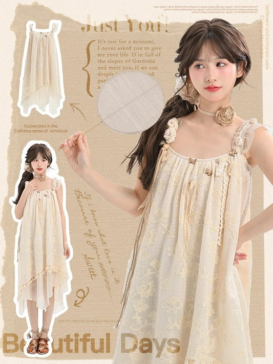 and Butterfly Accents Apricot Jacquard Dress with Tassel Hem Sleeveless Handkerchief Floral Hem