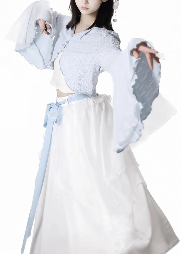 Free Top Knot Cheongsam Style Cropped Cami Buttons Bell Sleeves Blue Cardigan