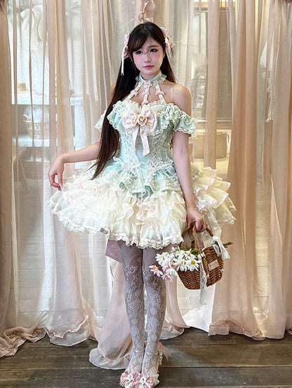 Tiered Skirt Halter Kei Fairy Ruffles Neck Corset Lace Princess Dress Waist Mint Green