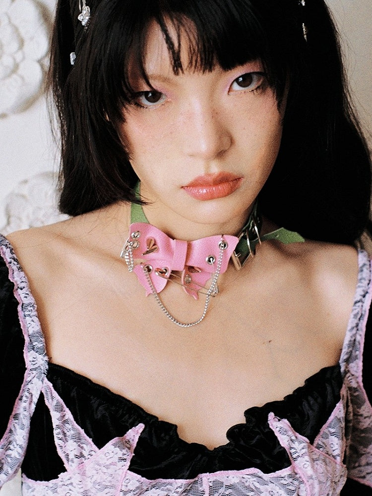 Pin Pink Studded Safety Green Punk Butterfly Adjustable with Details Choker Strap PU