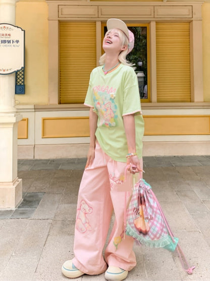 Adorable Bear Print Pink Version Wide-leg Casual Pants Long/Short