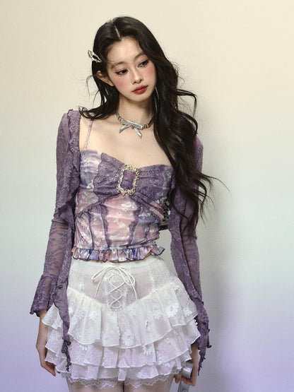 Lavender Semi-Sheer Open Placket Lace Top