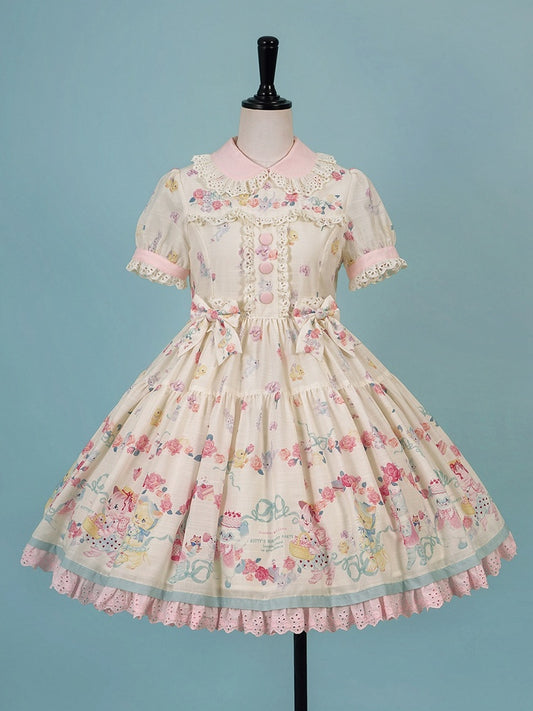 Lolita Scalloped Eyelet Kitty Short Dress with Sleeves Print Creamy Sweet Trims