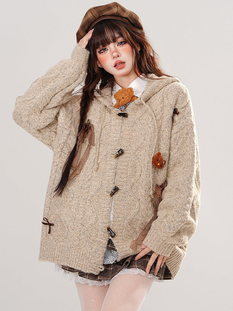 Khaki Bow Accents Hooded Loose Cardigan