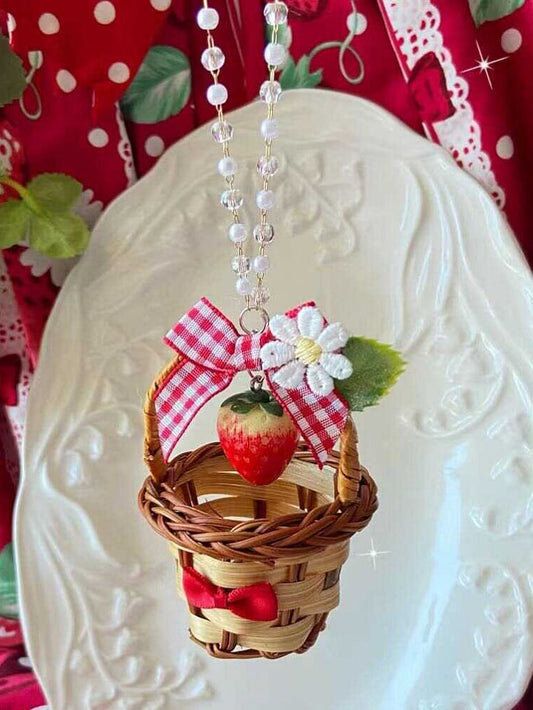 Pendant Details Floral Strawberry Decorated Necklace Red Bowknot Basket And Beaded