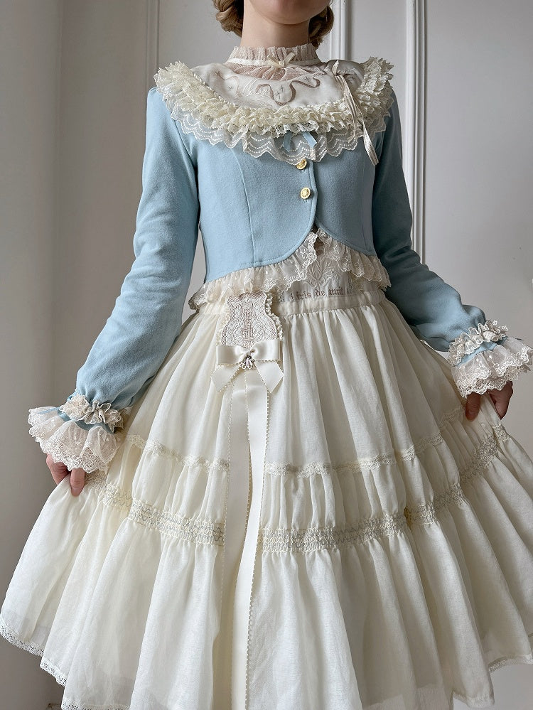 Autumn Trim Fashion Blue Accents Dusty Cropped Lolita Cardigan with Lace Bow and
