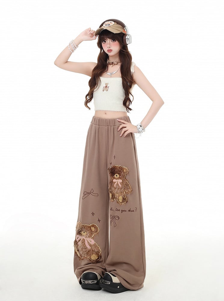 Coffee/Gray Plush Teddy Bear Applique Straight-Leg Pants
