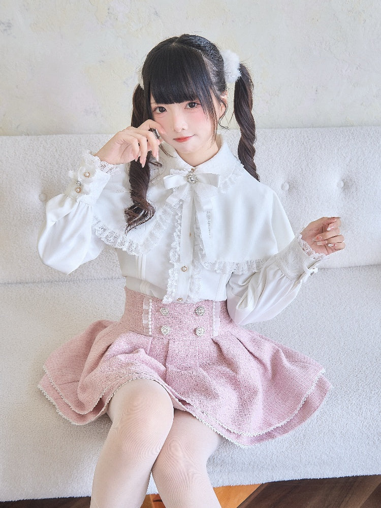 Tweed Skirt Waist Pink Jirai Kei Heart Rhinestones High