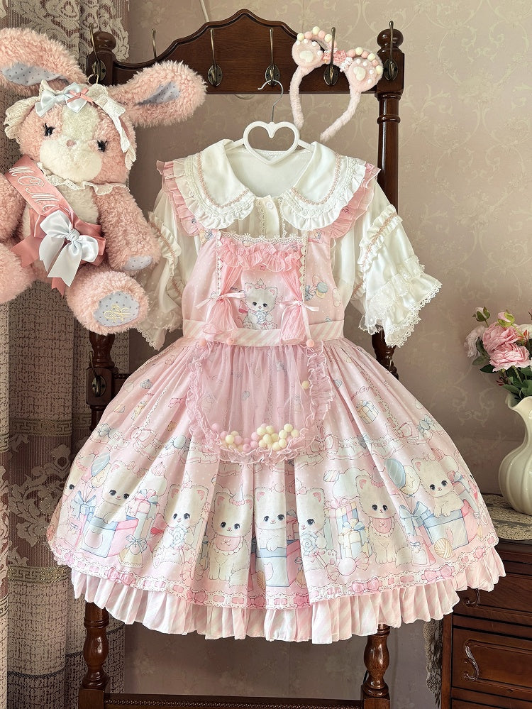 Dots and Dress Overall Print Lolita Polka Kitty Pink Sweet Pattern