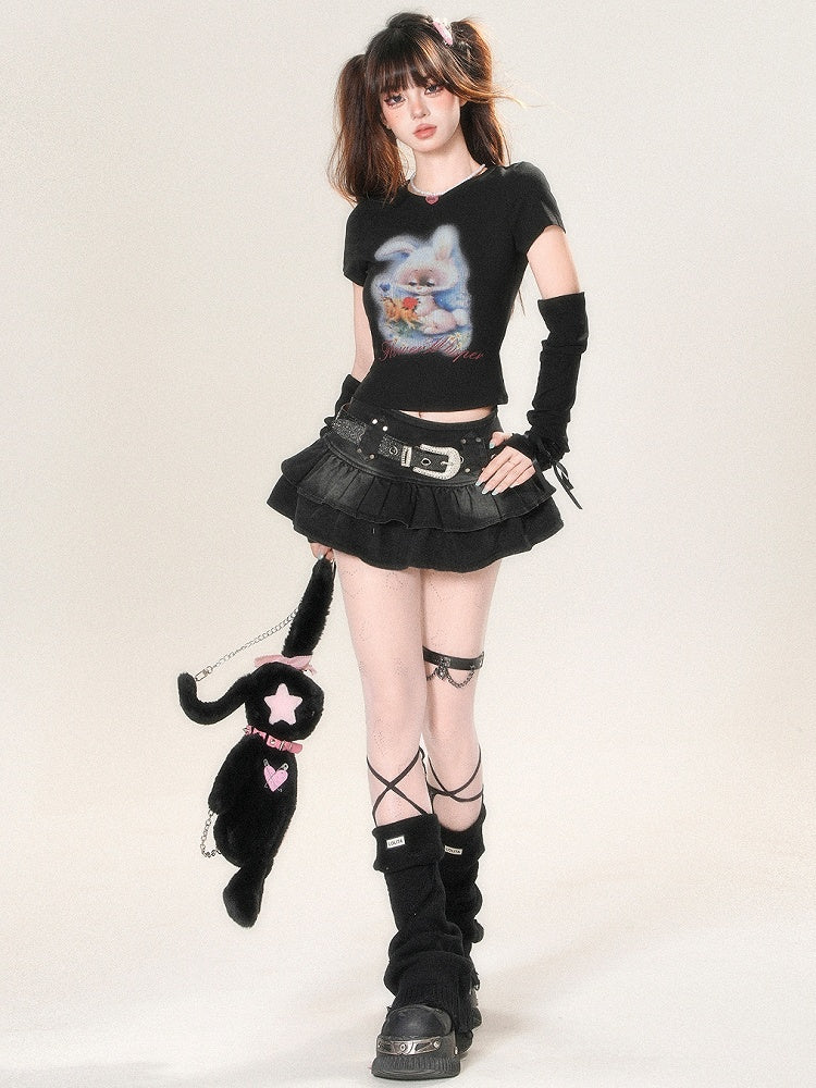 White/Black/Blue Glamorous And Print Sleeves Bunny With T-shirt Letter