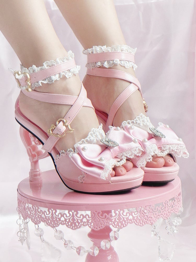 Heart-shaped Girl High Top Sandals at Hime Magical Pink Gyaru Heels Shoes Bow