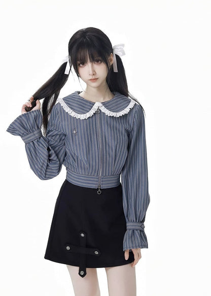 Blue&White Striped Pattern Lace Trim Peter Pan Collar Thicken Blouse