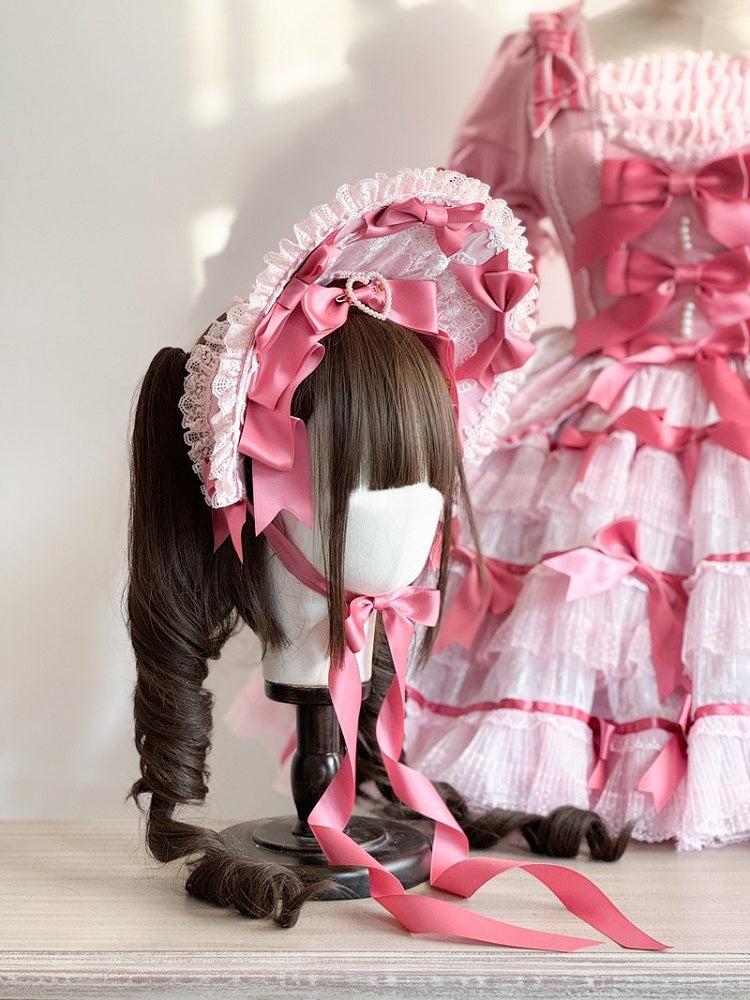 Ruffled with Sweet Bonnet Decoration Lace Lolita Pink Heart Beaded