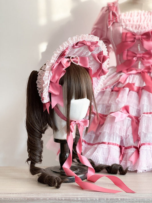 Ruffled with Sweet Bonnet Decoration Lace Lolita Pink Heart Beaded