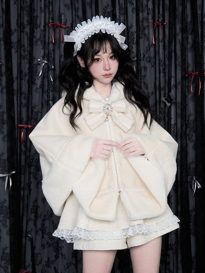 Detachable Jirai Kei Plush Trim Milk Hooded Cape with Big Bow White