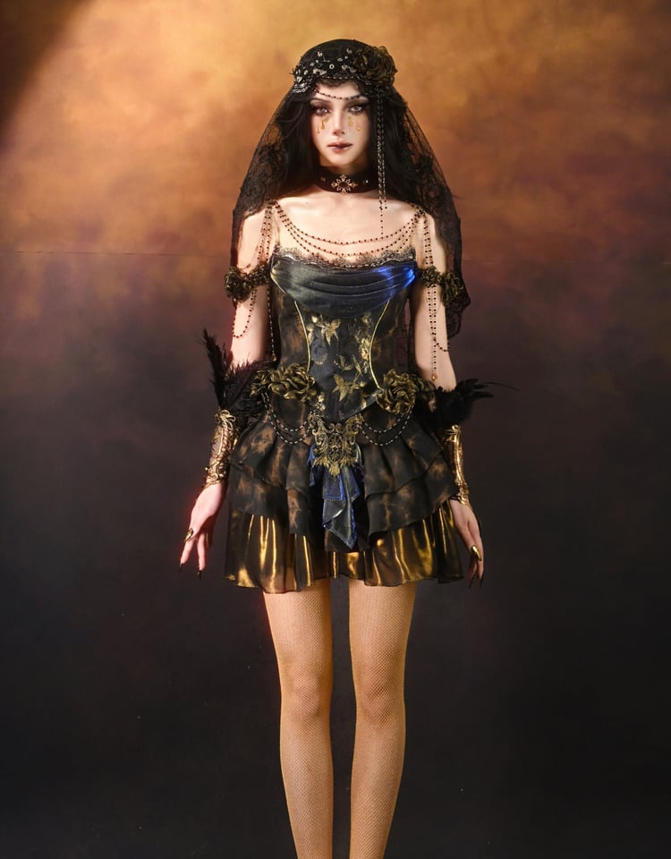 Black and Gold Tiered Ruffle Shorts Lining Skirt