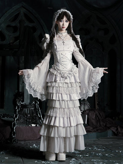 Veil Necklace Set - Silver Mermaid + Full Lolita Skirt Chain Tiered Top Waist Gothic Corset Head