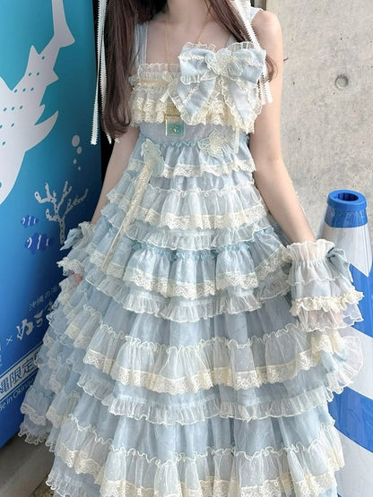 Goldfish Blue Adjustable Ruffle Sweet Embroidery Dress Lolita Straps and with Multi-Layered
