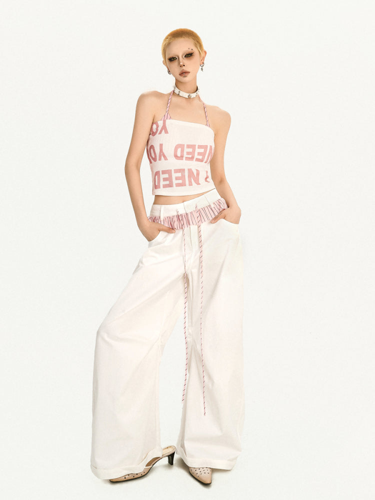 White Faux Two-piece Wide-Leg Pants with Pink-Black Striped Ruffle Trim