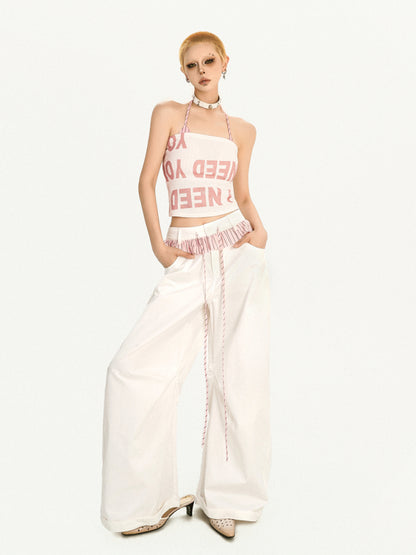 White Faux Two-piece Wide-Leg Pants with Pink-Black Striped Ruffle Trim
