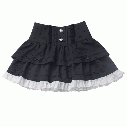 Polka-dot Tiered Skirt Lace White Trim Black