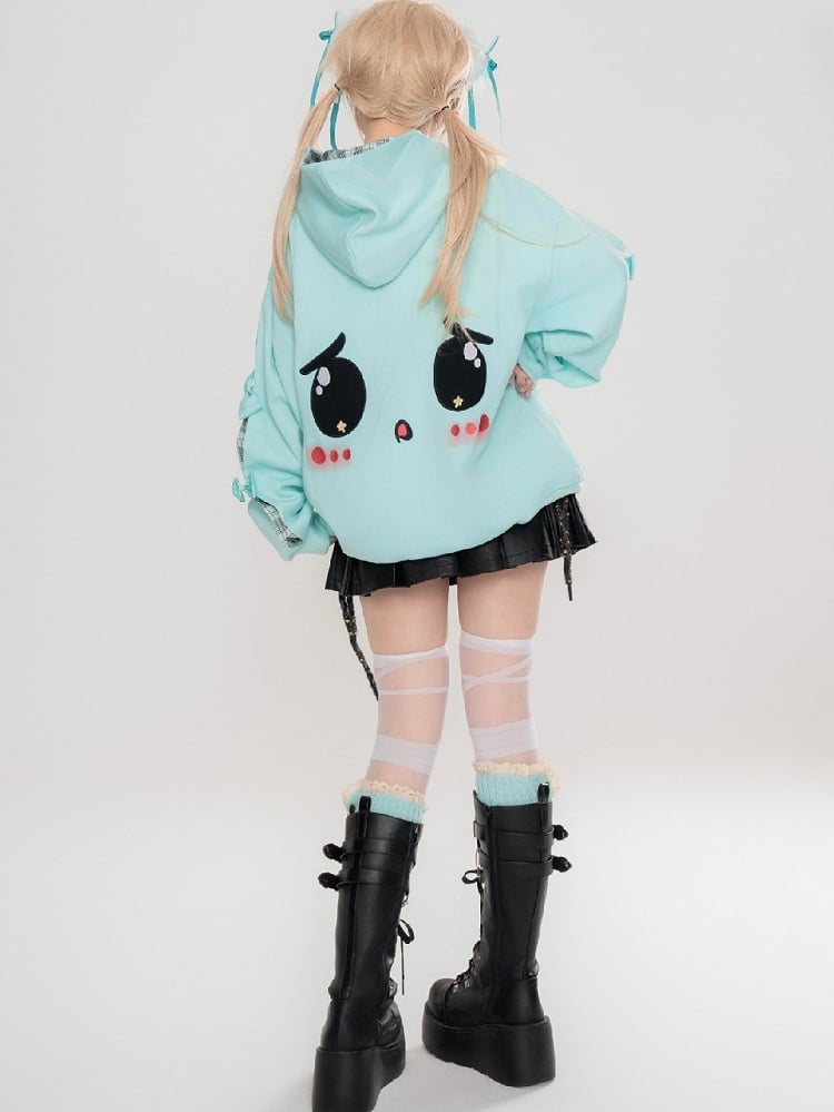 Cute Yami Kawaii Turquoise Blue/Pink Zip Hoodie with Sad Eyes