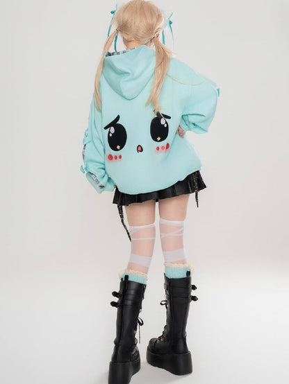 Cute Yami Kawaii Turquoise Blue/Pink Zip Hoodie with Sad Eyes