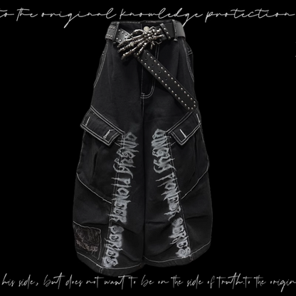 Jeans Black Punk Print Vintage Wide-Leg Cargo