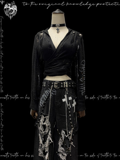 Strap Punk Black Distressed Holes with Hooded Cardigan Glamorous Self-tie