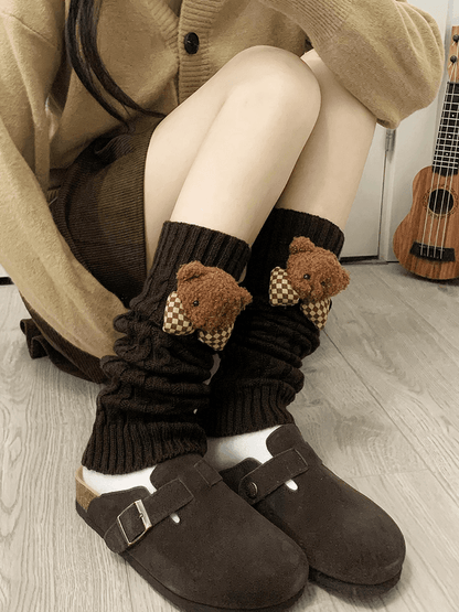 Jambières tricotées blanc lait Y2K avec peluche ours