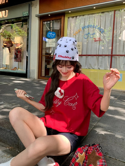 Details T-Shirt with Detachable Kitty Plushie Neck Rhinestone Red Square