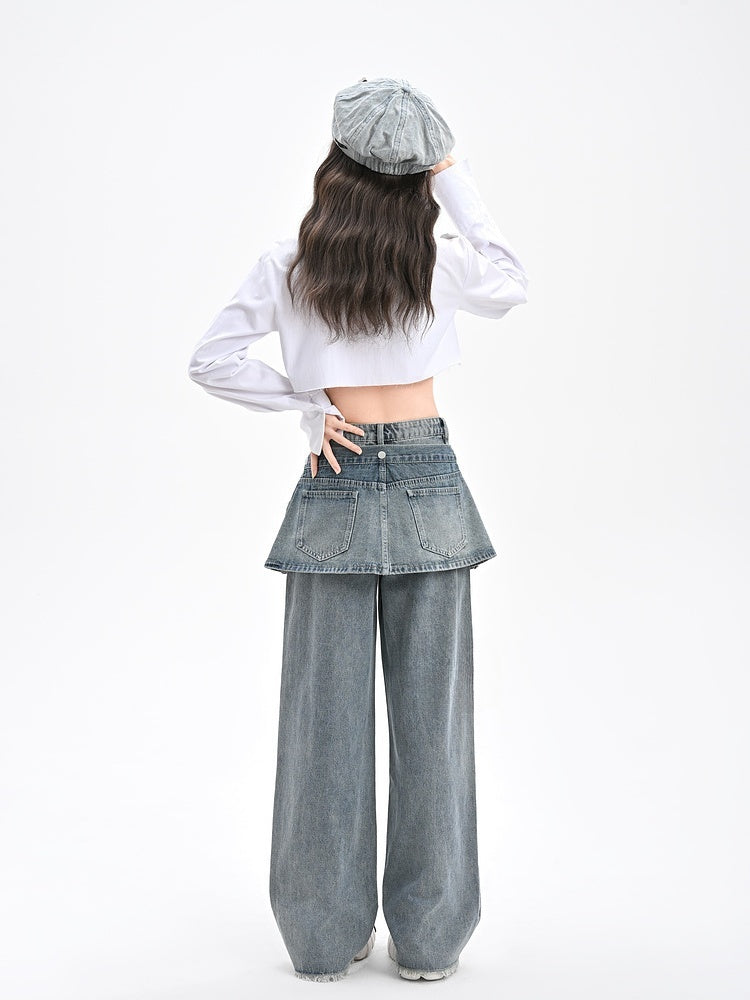 Wide-Leg Jeans with Detachable Skirt Accessory Blue Vintage