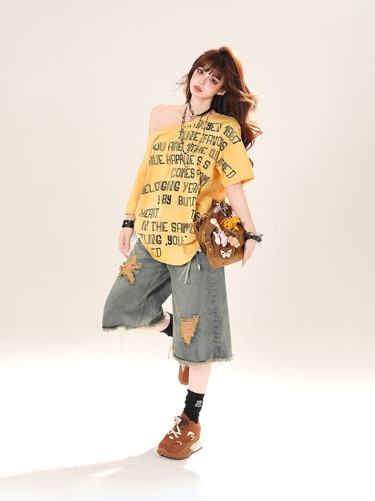 Asymmetrical Neckline Letter Print Loose T-Shirt Yellow/White/Black