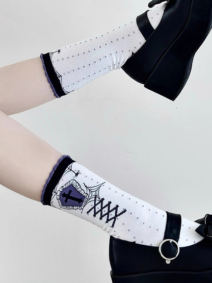 Polka-dot White Pattern Lolita Socks Gothic Calf Purple Cross Print Dark Coffin