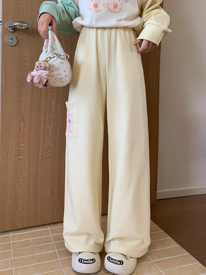 Weite Freizeithose mit normalem/kurzem Bein, bedruckt, cremefarben, elastischer Bund, Teddybär