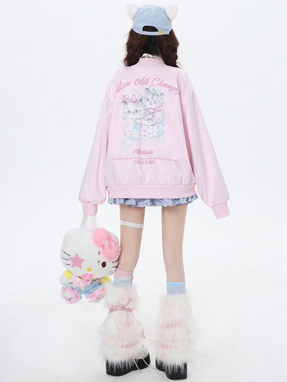 Light Blue/Pink Cats Spring Baseball Jacket