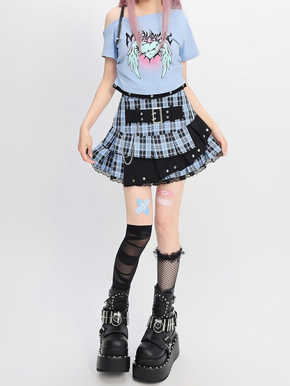 Y2K Light Blue Buckle Strap Tiered Plaid Skirt