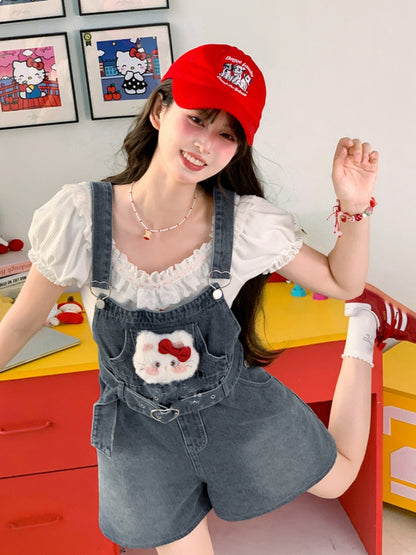 Heart Shorts Plush Kitty Denim Dark Blue Faded Buckle Wash Belt Overall with