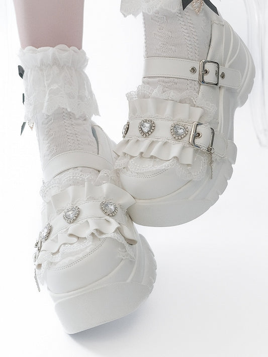 Platforms Heart Cross Rhinestone White Ruffles Charm Details Trim Bittersweet