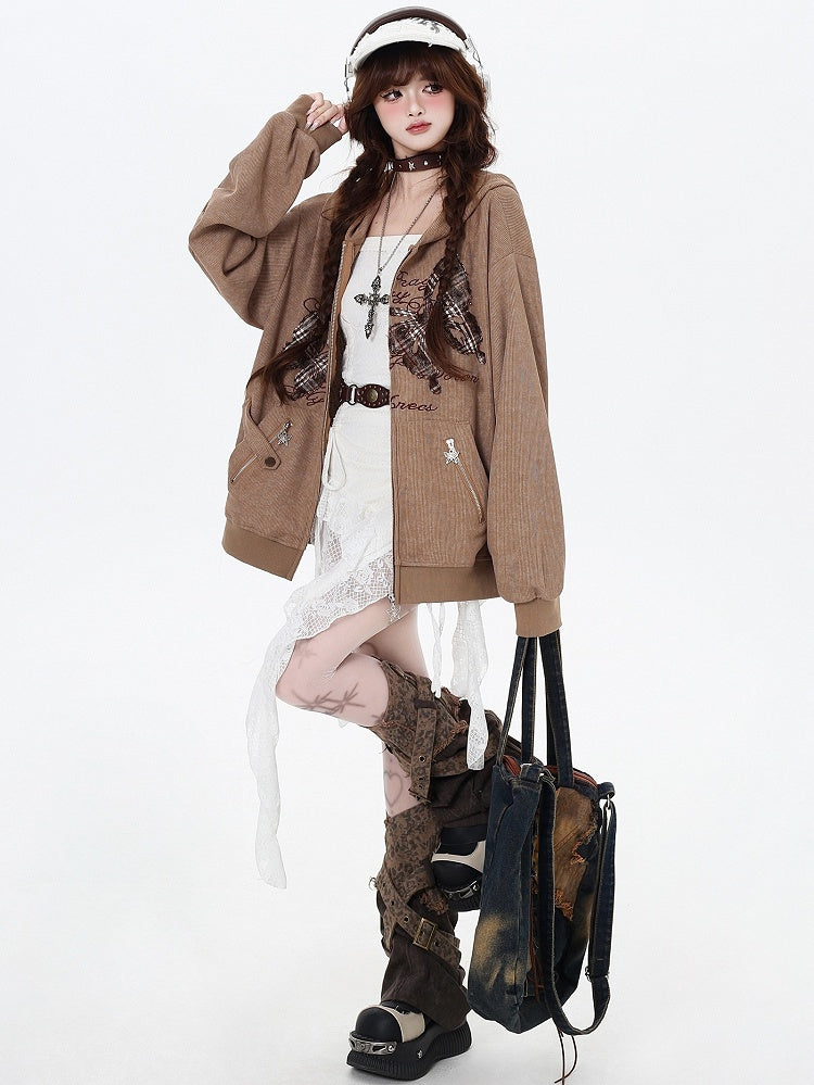 Brown Butterfly Appliques Spring Loose Zip Hoodie